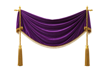 Purple velvet draped curtain with gold tassels and fringe trim, isolated on a transparent background