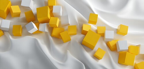 Yellow and white stylized tech flatlay on flowing polygon pattern