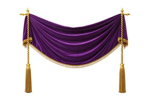 Purple velvet draped curtain with gold tassels and fringe trim, isolated on a transparent background