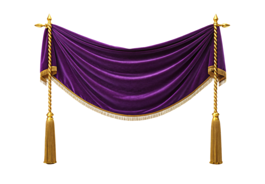 Purple velvet draped curtain with gold tassels and fringe trim, isolated on a transparent background