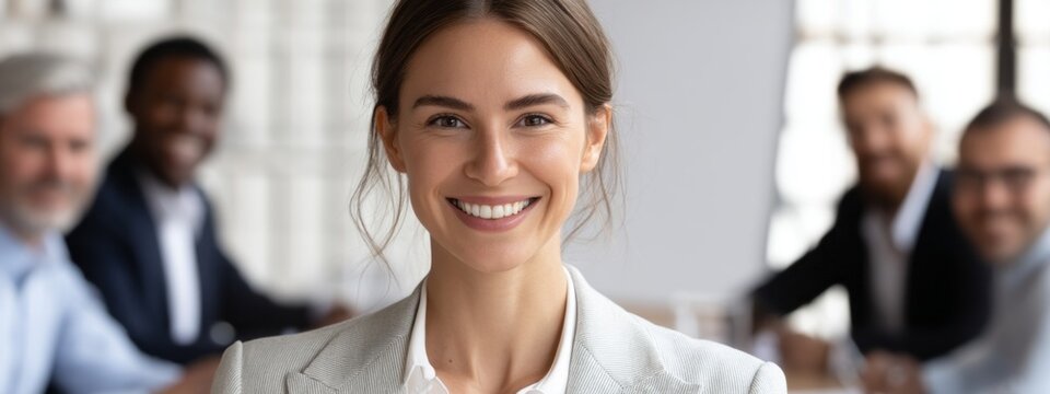 A woman smiles as she leads a diverse support group, encouraging open conversation and connection among members. The setting is bright and welcoming, fostering a sense of community - Powered by Adobe