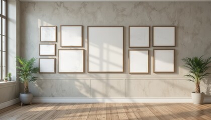 Empty gallery wall with multiple blank frames of various sizes in a bright room with wooden floor and potted plants.