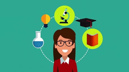 Animated businesswoman smiling brightly on a teal background, perfect for online learning or corporate presentations, conveying positivity and professionalism