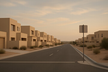 Obraz premium Modern Desert Suburban Housing Street Under Soft Sunset Light