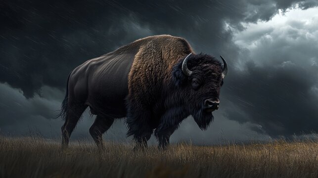 Majestic bison facing a stormy sky.