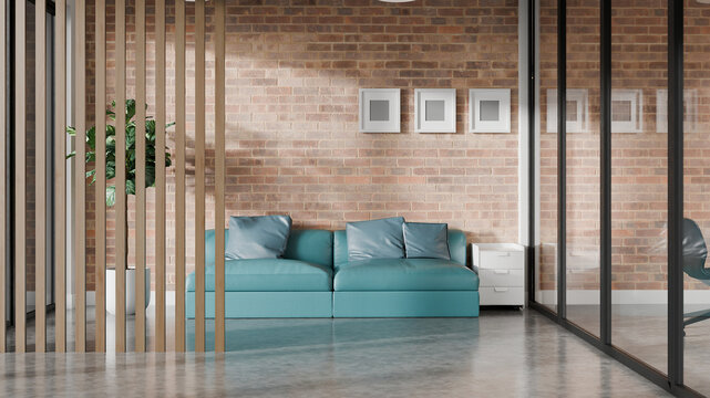 3D Modern industrial office interior with brick walls, glass meeting room, and a cozy seating corner in a contemporary workspace