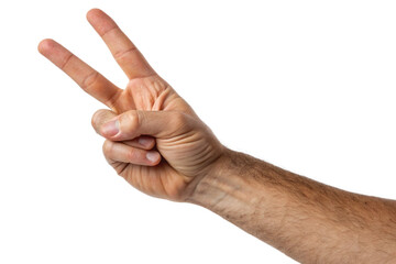 Realistic male hand making a peace gesture with two raised fingers, symbolizing victory, harmony, freedom, success, positive emotion, friendly communication, and expressive human gesture on 
