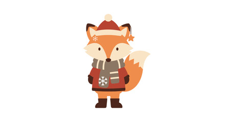 Cartoon fox wearing a hat, scarf, and coat on a white background.