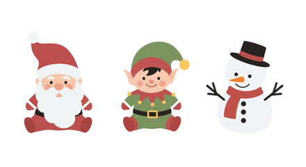 Cute cartoon Christmas characters including Santa Claus, an elf, and a snowman sitting together.