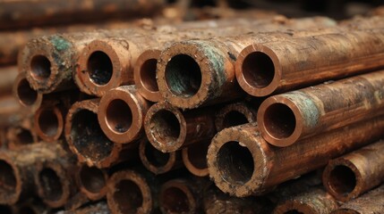 Close-up of copper tubing scrap metal being recycled or melted down in a foundry. Copper pipe waste materials repurposed for industrial use. Non-ferrous metal scrap in waste recycling processes.