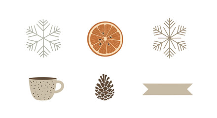 A collection of cozy winter-themed icons featuring snowflakes, an orange slice, a mug, a pinecone, and a ribbon.