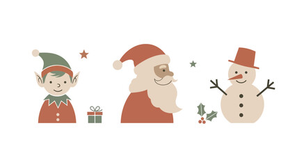 A charming illustration featuring classic Christmas characters: a smiling elf, a cheerful Santa Claus, and a festive snowman, surrounded by holiday decorations.