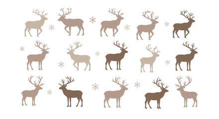 Pattern of deer silhouettes and snowflakes on a white background.