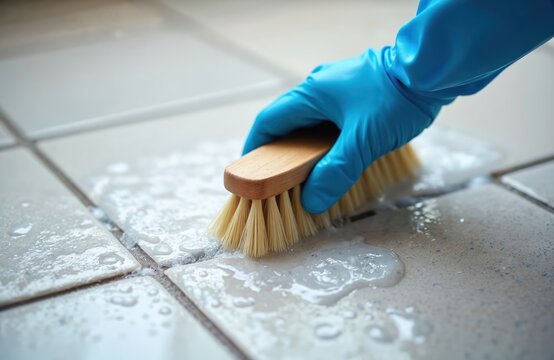 Hand in blue glove scrubs tile floor with brush and soap. Cleaning grime, washing grout, making surface shine. Home hygiene task, domestic chore, wet process. - Powered by Adobe