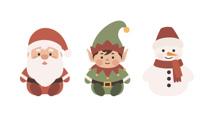 Cute cartoon illustrations of Santa Claus, an elf, and a snowman, perfect for Christmas.