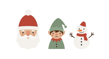 Festive Christmas icons: Santa Claus, elf, and snowman in a cheerful illustration.