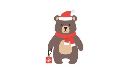 A cute cartoon brown bear wearing a Santa hat and red scarf holds a festive lantern.