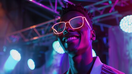 A young African man smiles brightly at a vibrant party. He wears stylish neon glasses and is surrounded by colorful lights.