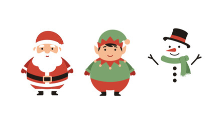 Cartoon Santa, Elf, and Snowman Christmas Characters.