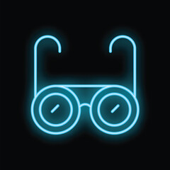 Blue neon sign depicting a pair of welding glasses, symbolizing safety and protection in industrial settings