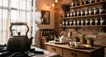 Boiling Kettle Producing Aromatic Steam Inside Handcrafted Tea Shop Filled With Calming Natural D&eacute;cor