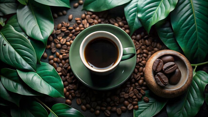Elegant coffee break station with cup, coffee beans, and vibrant green leaves