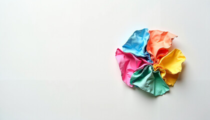 Folded colorful fabric circles on light background, vibrant flower-like textile composition