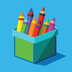 Colorful crayons in a green box, ready for drawing and artistic expression, on a vibrant blue background
