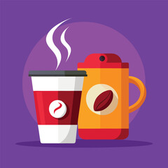 Steaming hot coffee in a disposable cup and a vibrant thermos bottle, perfect for a morning beverage