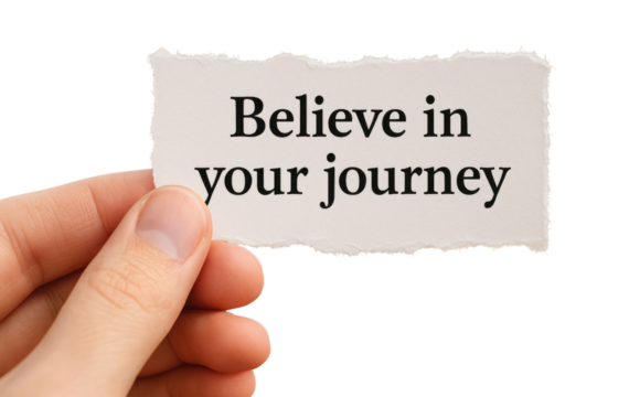 Hand Holding Paper With Text Believe In Your Journey On White Background isolated on a transparent background