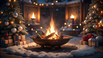 Festive firepit surrounded by Christmas trees and gifts, creating a warm atmosphere for celebration
