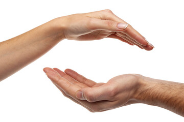 Hands in protective support gesture showing care, safety, protection, giving, offering, trust, support and security with male and female hands isolated on white background, symbol 