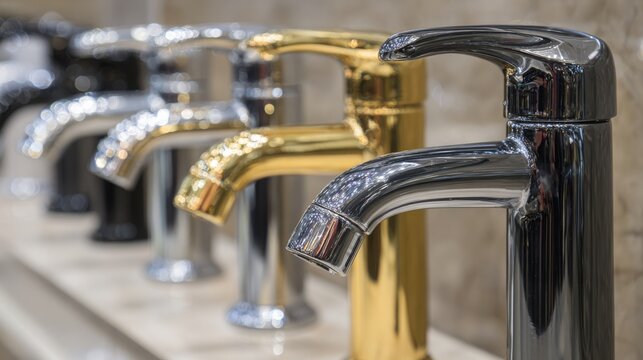 Close-up of modern designer faucets in showroom. Gold, black, silver water taps on display. Various shapes and colors of plumbing fixtures showcase current trends. Modern house equipment in a store