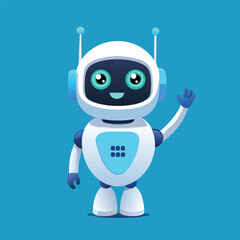 Cute friendly robot character with antennas waving hello on a vibrant blue background