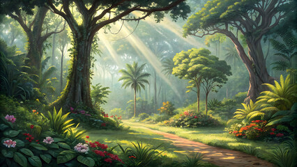 Enchanting tropical forest clearing with sun rays illuminating the path surrounded by lush plants
