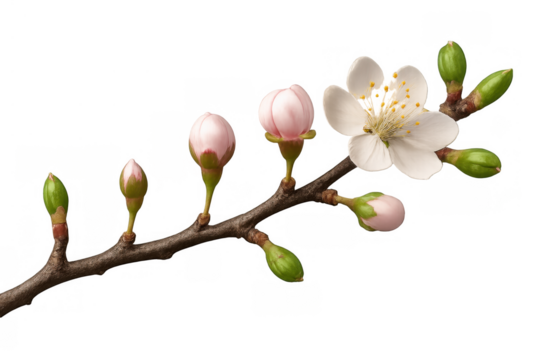 Blossom branch with evolving stages of spring flowers, depicting the cycle of growth, opening floral buds, and bloom