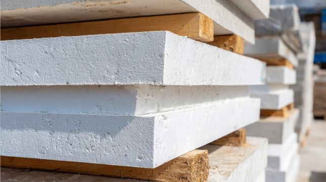 Close-up of white insulation foam panels for thermal insulation. Expanded polystyrene PPS plates used in construction site for masonry walls, facade. Stacked styrofoam sheets for plasterboard.