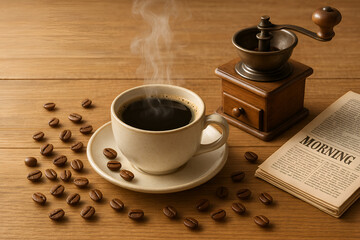 Freshly brewed coffee in white cup with coffee beans and manual coffee grinder on wooden table morning setup