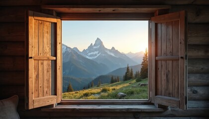 Scenic view outside wooden cabin window. Open shutters reveal mountain range at sunset. Natural landscape from rustic building evokes calm peaceful atmosphere. Interior design and travel concept.