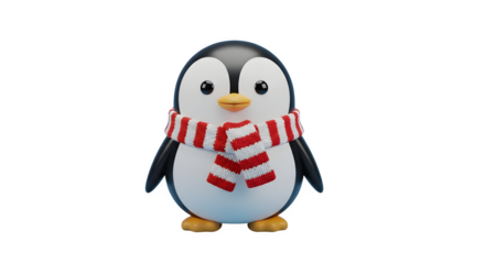 Cute cartoon penguin wearing a red and white striped scarf isolated on transparent background