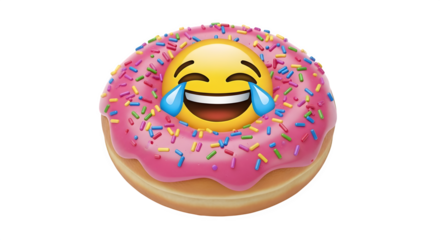 Funny donut with laughing crying emoji face isolated on transparent background