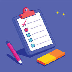 Isometric illustration of a clipboard with a checklist, a pink pencil, and a yellow eraser on a blue background