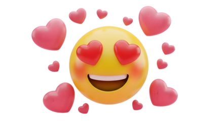 Happy yellow emoji with hearts in eyes smiling surrounded by pink hearts isolated on transparent background