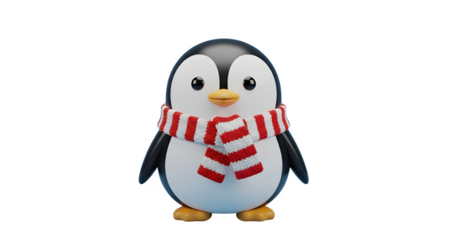 Cute cartoon penguin wearing a red and white striped scarf isolated on transparent background