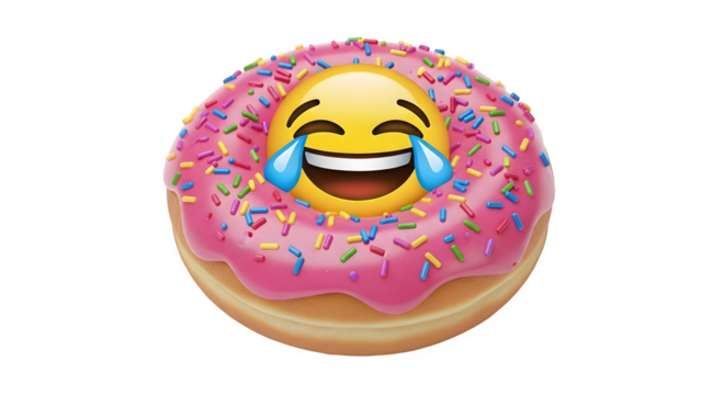 Funny donut with laughing crying emoji face isolated on transparent background