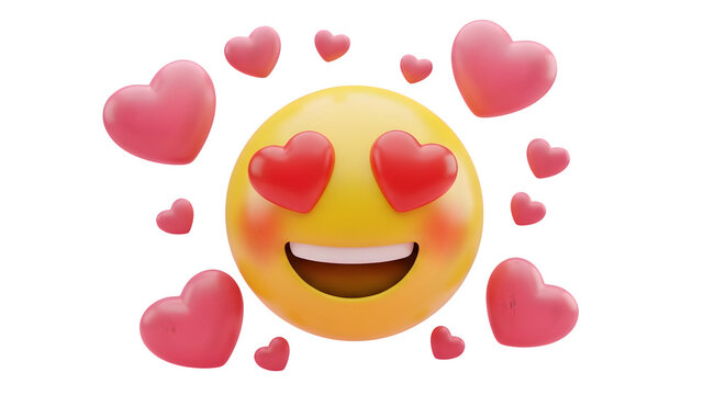 Happy yellow emoji with hearts in eyes smiling surrounded by pink hearts isolated on transparent background