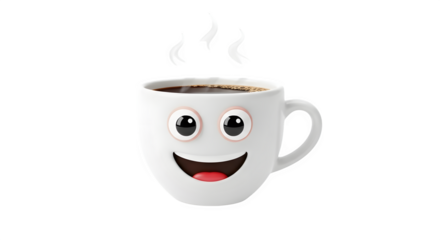 Happy smiling coffee cup with steam isolated on transparent background