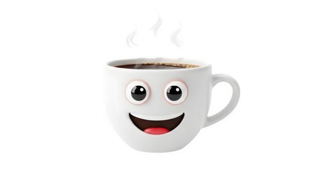 Happy smiling coffee cup with steam isolated on transparent background