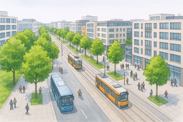 Obraz premium Cityscape Watercolor Illustration with Trams, Pedestrians, and Modern Architecture Conveying Urban Life and Public Transportation