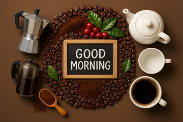 Overhead flat lay composition of coffee beans equipment cups a Moka pot and a blackboard sign reading Good Morning on a rich brown background
